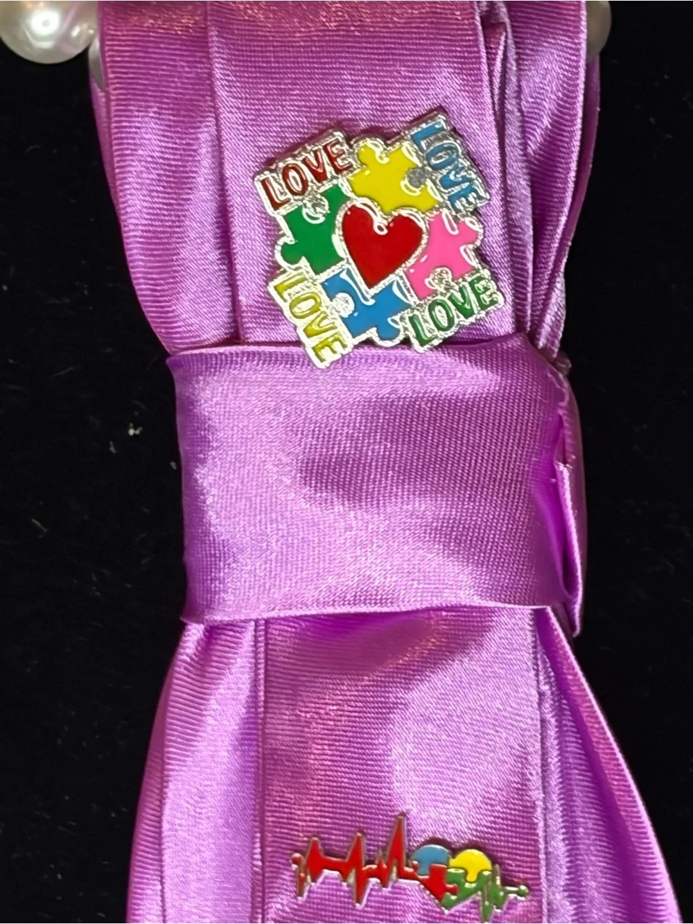 Womens Satin Purple Decorative Tie with Puzzle Ribbon Pins for Autism Awareness